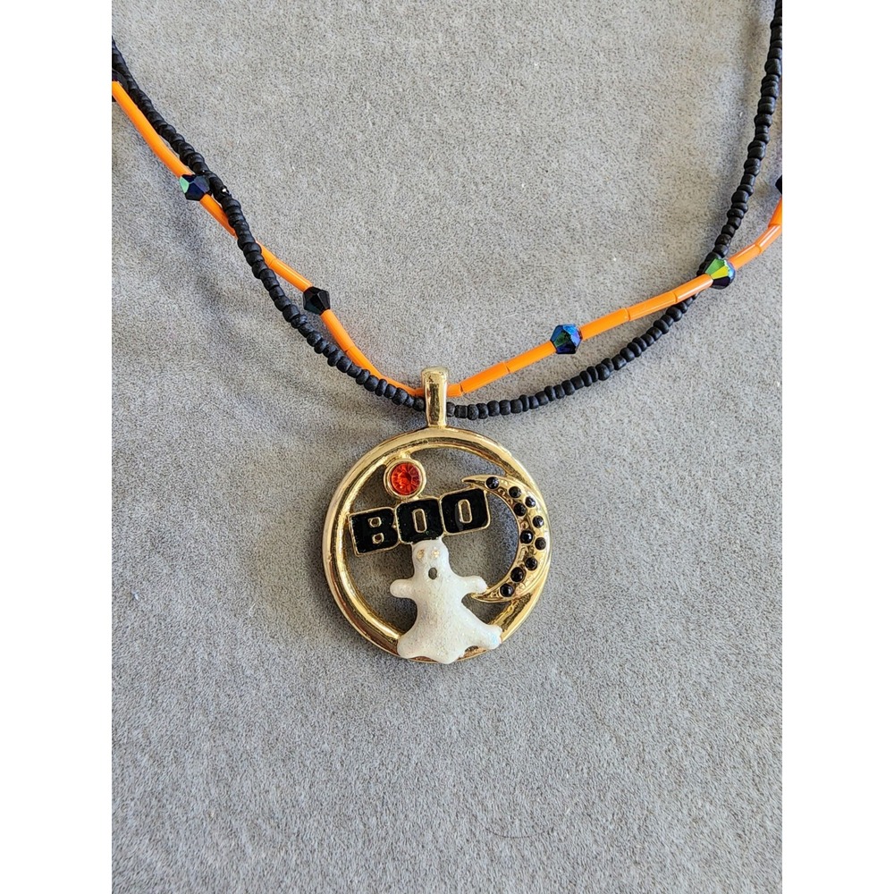 Vtg KENNETH COLE KC Signed Boo Halloween Bead Necklace Ghost Orange & Black